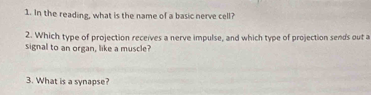 In the reading, what is the name of a basic nerve cell? 
2. Which type of projection receives a nerve impulse, and which type of projection sends out a 
signal to an organ, like a muscle? 
3. What is a synapse?