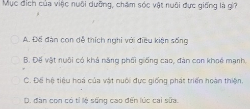 Mục đích của việc nuôi dưỡng, chăm sóc vật nuôi đực giống là gì?
A. Để đàn con dễ thích nghi với điều kiện sống
B. Đế vật nuôi có khả năng phối giống cao, đàn con khoẻ mạnh.
C. Đế hệ tiêu hoá của vật nuôi đực giống phát triển hoàn thiện.
D. đàn con có tỉ lệ sống cao đến lúc cai sữa.