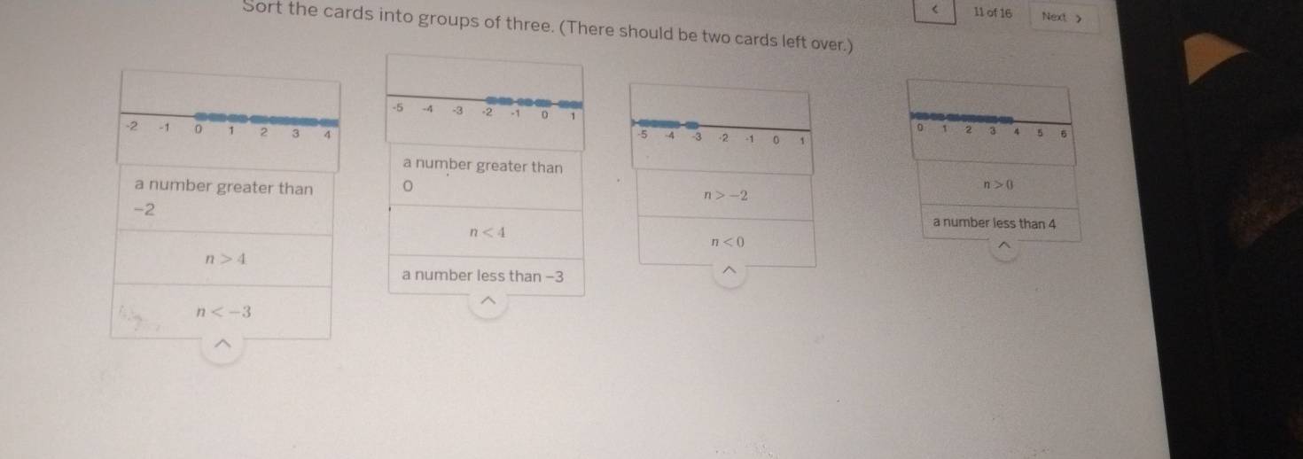 < 11 of 16 Next >
Sort the cards into groups of three. (There should be two cards left over.)
-5 -4 -3 -2 -1 o 1
-2 -1 0 1 2 3 4
0 ` 2 3 4 5
-5 -4 -3 -2 -1 0 1
a number greater than
a number greater than
n>0
n>-2
-2
n<4</tex>
a number less than 4
n<0</tex>
n>4
a number less than −3
n