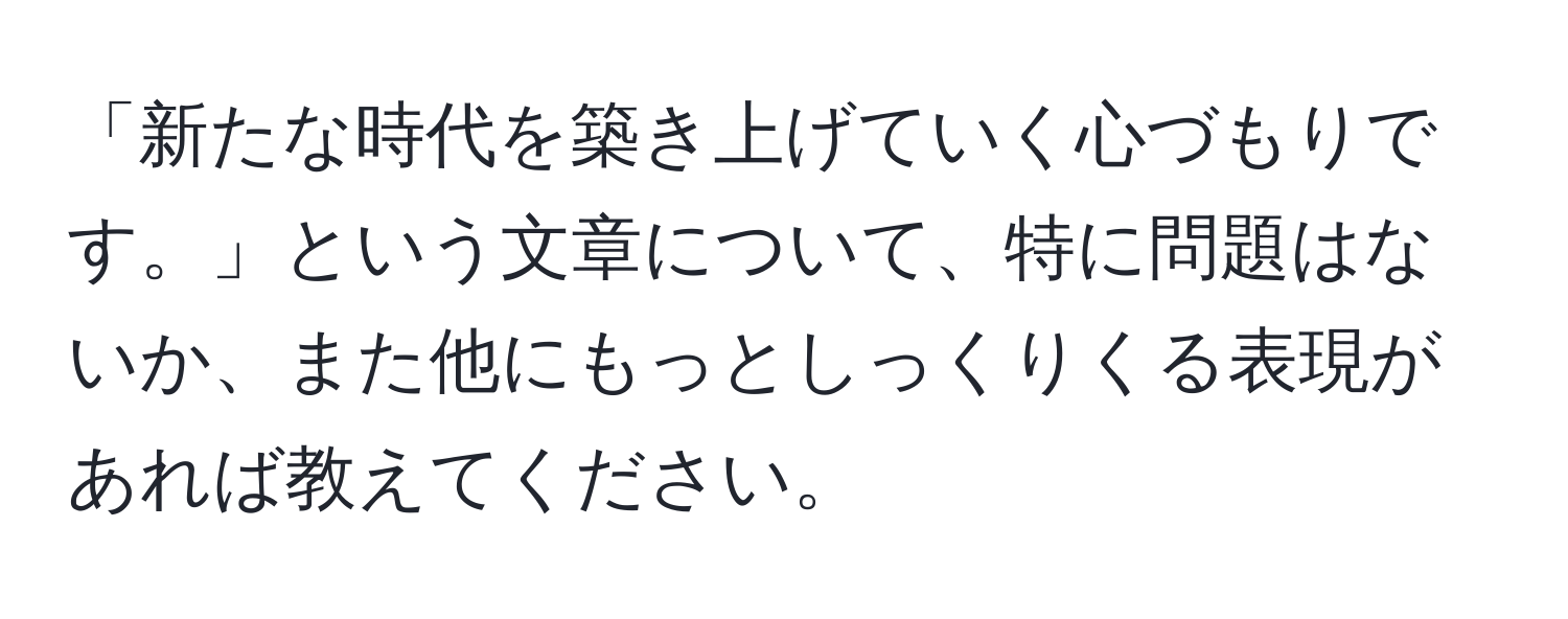 「新たな時代を築き上げていく心づもりです。」という文章について、特に問題はないか、また他にもっとしっくりくる表現があれば教えてください。