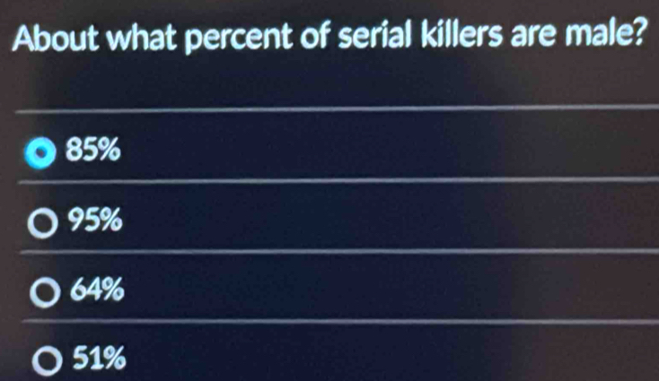 About what percent of serial killers are male?
85%. 95%
64%
51%