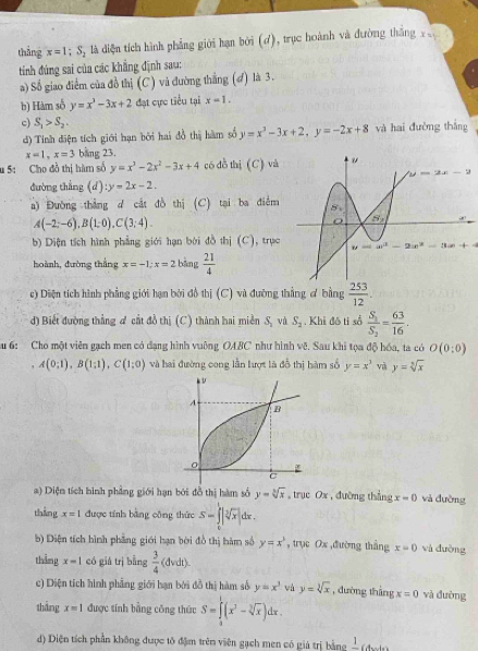 thắng x=1; S, là diện tích hình phẳng giới hạn bởi (ơ), trục hoành và đường thắng x= □ /□  
tinh đúng sai của các khẳng định sau:
a) Số giao điểm của đồ thị (C) và đường thắng (4) là 3.
b) Hàm số y=x^3-3x+2 đạt cực tiểu tại x=1.
c) S_1>S_2.
d) Tính điện tích giới hạn bởi hai đồ thị hàm số y=x^3-3x+2,y=-2x+8 và hai đường thắng
x=1,x=3 bang 23.
u 5: Cho đồ thị hàm số y=x^3-2x^2-3x+4 có dồ thị (C) và
đường thắng (d) y=2x-2.
a) Đường thắng d cắt đồ thị (C) tại ba điểm
A(-2;-6),B(1;0),C(3;4).
b) Diện tích hình phẳng giới hạn bời đồ thị (C), trục y=(x^3-2x^2-3x+4
hoành, đường thắng x=-1;x=2biang 21/4 
c) Diện tích hình phẳng giới hạn bởi đồ thị (C) và đường thẳng ơ bằng  253/12 .
d) Biết đường thẳng đ cất đồ thị (C) thành hai miền S, và S_2. Khi đô ti số frac S_1S_2= 63/16 .
Su 6: Cho một viên gạch men có đạng hình vuỡng OABC như hình vẽ. Sau khi tọa độ hóa, ta có O(0:0)
A(0;1),B(1;1),C(1;0) và hai đường cong lần lượt là đồ thị hàm số y=x^3 và y=sqrt[3](x)
a) Diện tích hình phẳng giới hạn bởi đỗ thị hàm số y=sqrt[5](x) , trục Ox , đường thẳng x=0 và đường
thắng x=1 được tính bằng công thức S=∈tlimits _0^(1|sqrt [3]x)|dx
b) Diện tích hình phầng giới hạn bời đồ thị hàm số y=x^3 , trục Ox ,đường thắng x=0 và duờng
thāng x=1 có giá trị bằng  3/4 (dvdt).
c) Diện tích hình phẳng giới bạn bởi đồ thị hàm số y=x^3 và y=sqrt[3](x) , đường thắng x=0 và đường
tháng x=1 được tính bằng công thức S=∈tlimits _0^(1(x^2)-sqrt[3](x))dx.
d) Diện tích phần không được tô đặm trên viên gạch men có giá trị bằng frac 1(4