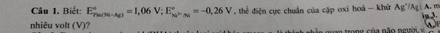 Biết: E_(Pin(Ni-Ag))°=1,06V; E_Ni^(2+)/Ni^circ =-0,26V , thể điện cực chuẩn của cặp oxi hoá - khử Ag*Ag| A. m
in 3. 
nhiêu volt (V)? A, F
b ần quan trong của não người, w