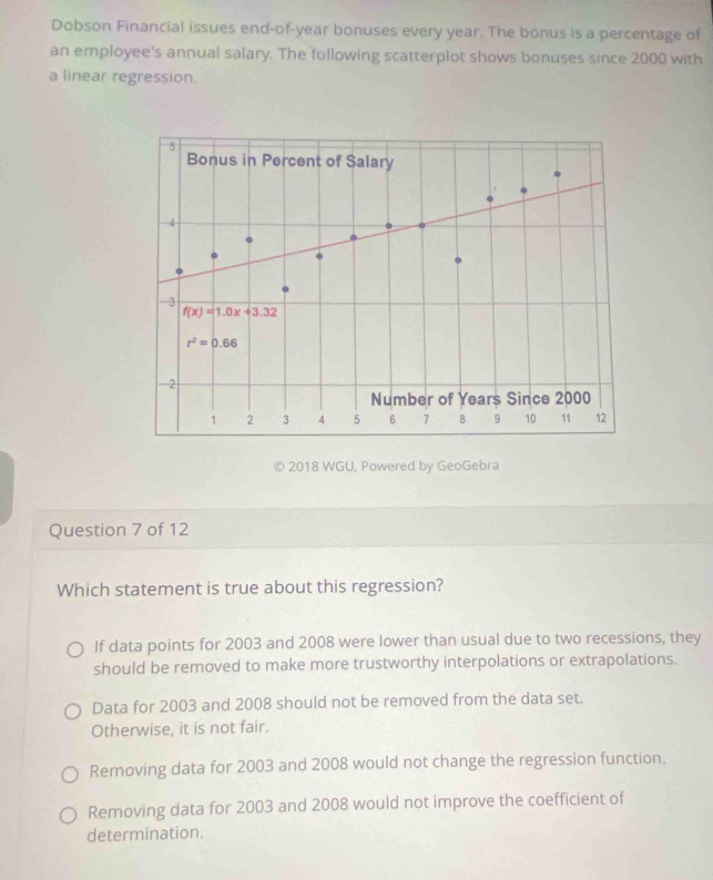 Dobson Financial issues end-of-year bonuses every year. The bonus is a percentage of
an employee's annual salary. The following scatterplot shows bonuses since 2000 with
a linear regression.
2018 WGU, Powered by GeoGebra
Question 7 of 12
Which statement is true about this regression?
If data points for 2003 and 2008 were lower than usual due to two recessions, they
should be removed to make more trustworthy interpolations or extrapolations.
Data for 2003 and 2008 should not be removed from the data set.
Otherwise, it is not fair.
Removing data for 2003 and 2008 would not change the regression function.
Removing data for 2003 and 2008 would not improve the coefficient of
determination.