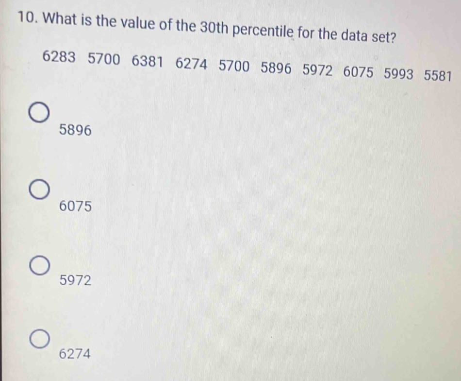 What is the value of the 30th percentile for the data set?
6283 5700 6381 6274 5700 5896 5972 6075 5993 5581
5896
6075
5972
6274