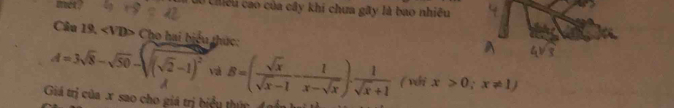 met? Có Chiều cao của cây khi chưa gãy là bao nhiều 
Câu 19, ∠ VD> Cho hai biểu thức:
A=3sqrt(8)-sqrt(50)-sqrt((sqrt 2)-1)^2 và B=( sqrt(x)/sqrt(x)-1 - 1/x-sqrt(x) ). 1/sqrt(x)+1  ( với x>0;x!= 1)
Giá trị của . x sao cho giá trị biểu thứ