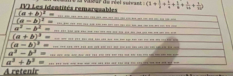 la vaeur du réel suivant : (1+ 1/2 + 1/4 + 1/8 + 1/16 + 1/32 )
IV
A retenir