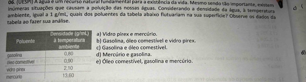 (UESPI) A água é um recurso natural fundamental para a existência da vida. Mesmo sendo tão importante, existem c)
inúmeras situações que causam a poluição das nossas águas. Considerando a densidade da água, à temperatura
ambiente, igual a 1 g/mL, quais dos poluentes da tabela abaixo flutuariam na sua superfície? Observe os dados da
tabela ao fazer sua análise.
Vidro pirex e mercúrio.
Gasolina, óleo comestível e vidro pirex.
Gasolina e óleo comestível.
Mercúrio e gasolina.
d)
Óleo comestível, gasolina e mercúrio.