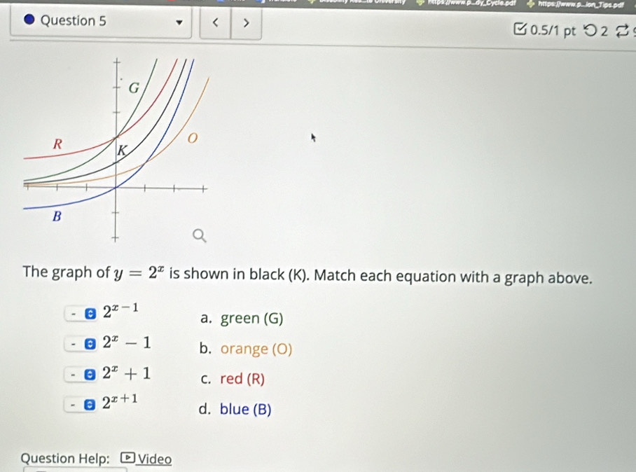 lwww.p...dy_Cycle.pd! https:./lwww.p...ion_Tips.pd!
Question 5 y=2^x is shown in black (K). Match each equation with a graph above.
2^(x-1) a. green (G)
2^x-1 b. orange (O)
2^x+1 c. red (R)
2^(x+1) d. blue (B)
Question Help: Video