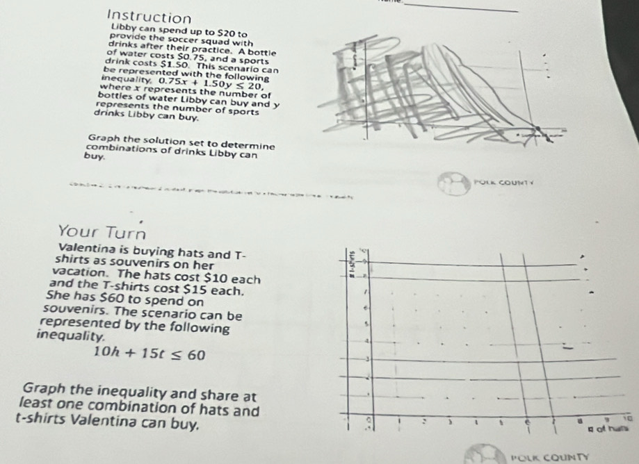 Instruction 
Libby can spend up to $20 to 
provide the soccer squad with 
drinks after their practice. A bottle 
of water costs $0.75, and a sports 
drink costs $1.50. This scenario can 
be represented with the following 
inequality 0.75x+1.50y≤ 20, 
where x represents the number of 
bottles of water Libby can buy and y
represents the number of sports 
drinks Libby can buy. 
Graph the solution set to determine 
combinations of drinks Libby can 
buy. 
POLK COUMT Y 
Your Turn 
Valentina is buying hats and T- 
shirts as souvenirs on her 
vacation. The hats cost $10 each 
and the T-shirts cost $15 each. 
She has $60 to spend on 
souvenirs. The scenario can be 
represented by the following 
inequality.
10h+15t≤ 60
Graph the inequality and share at 
least one combination of hats and0 
t-shirts Valentina can buy. 
POLK COUNTY