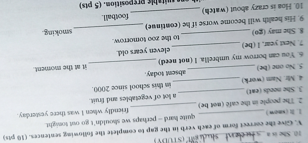 She is a H (sTUDY) 
V. Give the correct form of each verb in the gap to complete the following sentences. (10 pts) 
1. It (snow) quite hard - perhaps we shouldn’t go out tonight. 
2. The people in the café (not be) _friendly when I was there yesterday. 
3. She needs (eat) _a lot of vegetables and fruit. 
4. Mr. Nam (work) _in this school since 2000. 
5. No one (be) absent today. 
6. You can borrow my umbrella. I (not need) _it at the moment. 
7. Next year, I (be) _eleven years old. 
8. She may (go) _to the zoo tomorrow. 
smoking. 
9. His health will become worse if he (continue) 
_ 
10. Hoa is crazy about (watch) _football. 
one suitable preposition. (5 pts)