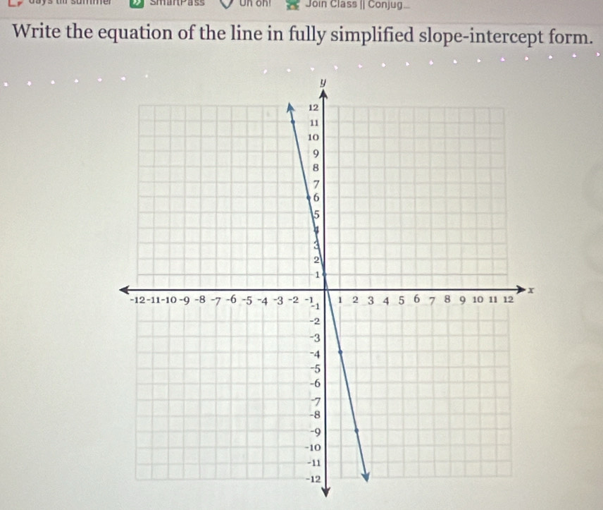 smanPass Un on Join Class [| Conjug... 
Write the equation of the line in fully simplified slope-intercept form.