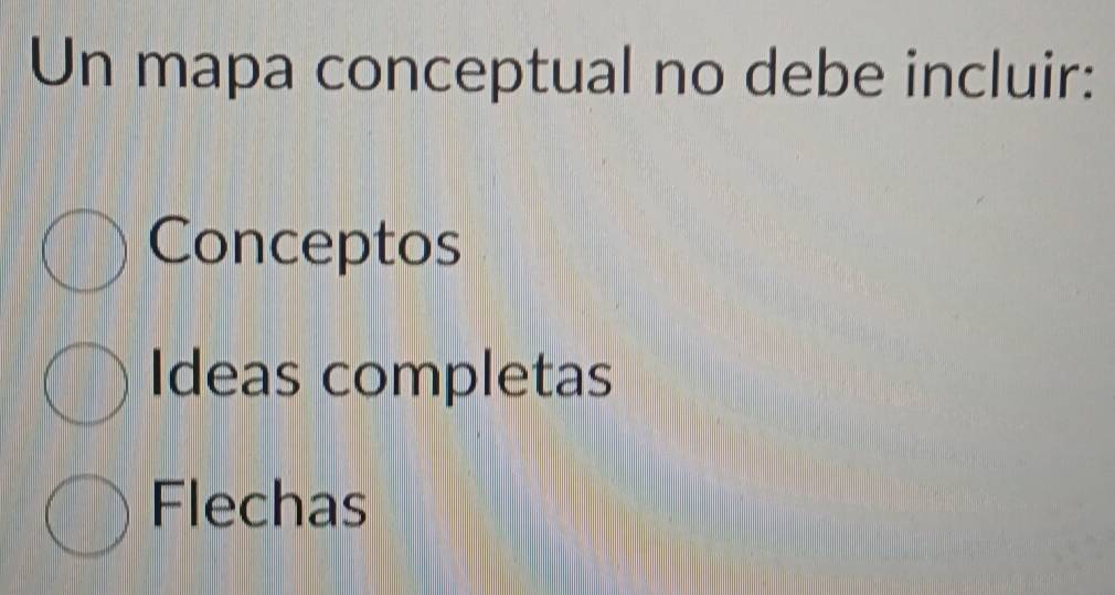 Resuelto:Un mapa conceptual no debe incluir: Conceptos Ideas completas ...