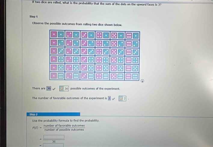 If two dice are rolled, what is the probability that the sum of the dots on the upward faces is 3? 
Step 1
Observe the possible outcomes from rolling two dice shown below. 
There are 36 36 possible outcomes of the experiment. 
The number of favorable outcomes of the experiment is 2· 
Step 2
Use the probability formula to find the probability.
P(E)= numberoffavorableoutcomes/numberofpossibleoutcomes 
beginarrayr □  = 36 =□ endarray