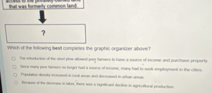 access to the pnvately owned 
that was formerly common land.
?
Which of the following best completes the graphic organizer above?
The introduction of the steel plow allowed poor farmers to have a source of income and purchase property.
Since many poor farmers no longer had a source of income, many had to seek employment in the cities.
Population density increased in rural areas and decreased in urban areas.
Because of the decrease in labor, there was a significant decline in agricultural production.