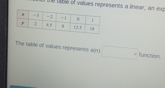 the table of values represents a linear, an exp 
The table of values represents a(n) □ function.