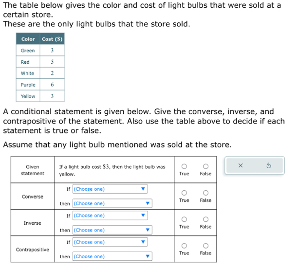 The table below gives the color and cost of light bulbs that were sold at a 
certain store. 
These are the only light bulbs that the store sold. 
A conditional statement is given below. Give the converse, inverse, and 
contrapositive of the statement. Also use the table above to decide if each 
statement is true or false. 
Assume that any light bulb mentioned was sold at the store.
X