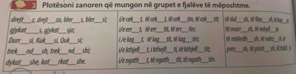 Plotësoni zanoren që mungon në grupet e fjalëve të mëposhtme.