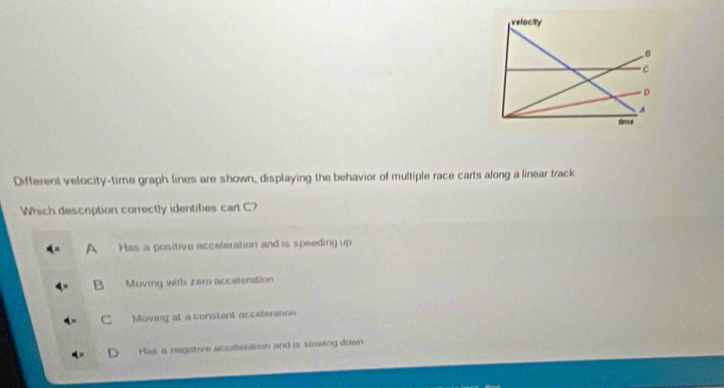 velocity
C
。
A
Sirm a
Different velocity-time graph lines are shown, displaying the behavior of multiple race carts along a linear track.
Which description correctly identifies cart C?
A Has a positive acceleration and is speeding up
B Muving with zem acceleration
C Moving at a constant acceferation
Has a negative accsteration and is slowing down