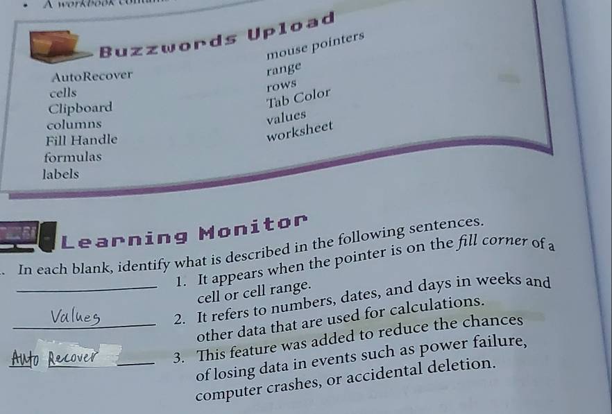 A workbook 
Buzzwords Upload 
mouse pointers 
AutoRecover 
range 
cells 
Clipboard 
Tab Color rows 
columns 
values 
Fill Handle 
worksheet 
formulas 
labels 
Learning Monitor 
. In each blank, identify what is described in the following sentences. 
1. It appears when the pointer is on the fill corner of a 
cell or cell range. 
_2. It refers to numbers, dates, and days in weeks and 
other data that are used for calculations. 
_ 
_3. This feature was added to reduce the chances 
of losing data in events such as power failure, 
_computer crashes, or accidental deletion.