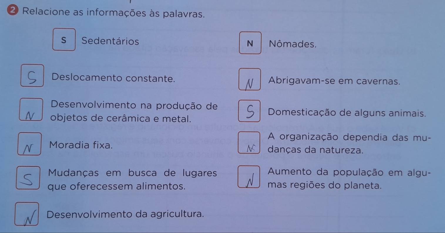 ② Relacione as informações às palavras.
S Sedentários N Nômades.
Deslocamento constante. Abrigavam-se em cavernas.
Desenvolvimento na produção de
Domesticação de alguns animais.
objetos de cerâmica e metal.
A organização dependia das mu-
Moradia fixa. danças da natureza.
Mudanças em busca de lugares Aumento da população em algu-
que oferecessem alimentos. mas regiões do planeta.
Desenvolvimento da agricultura.