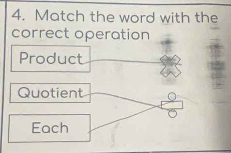 Match the word with the 
correct operation 
Product 
Quotient 
Each