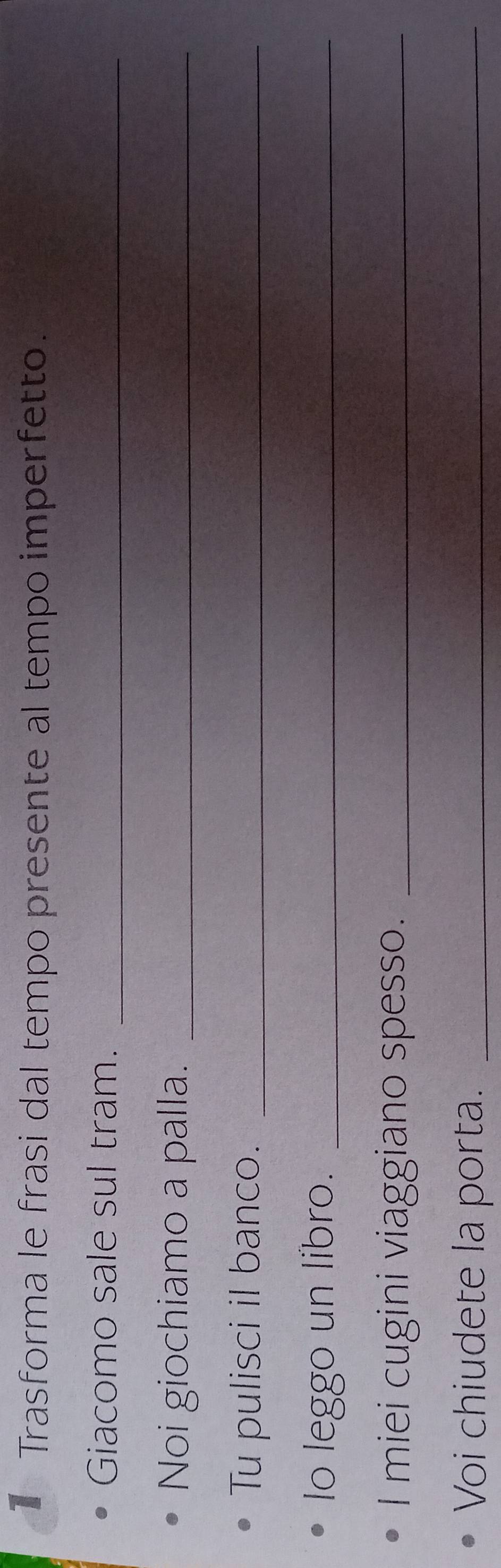 Trasforma le frasi dal tempo presente al tempo imperfetto. 
Giacomo sale sul tram._ 
Noi giochiamo a palla._ 
Tu pulisci il banco._ 
lo leggo un libro._ 
l miei cugini viaggiano spesso._ 
Voi chiudete la porta._