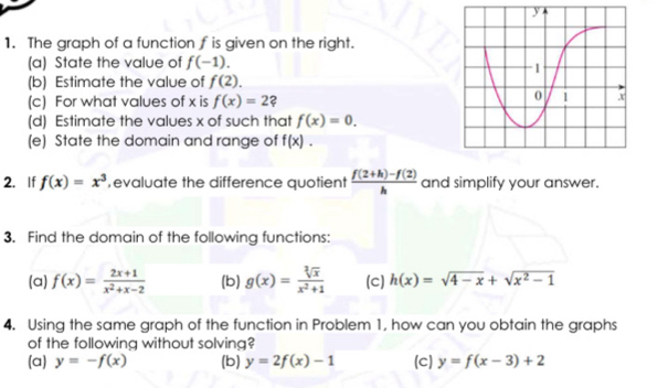 The graph of a function f is given on the right. 
(a) State the value of f(-1). 
(b) Estimate the value of f(2). 
(c) For what values of x is f(x)=2 2 
(d) Estimate the values x of such that f(x)=0. 
(e) State the domain and range of f(x). 
2. If f(x)=x^3 , evaluate the difference quotient  (f(2+h)-f(2))/h  and simplify your answer. 
3. Find the domain of the following functions: 
(a) f(x)= (2x+1)/x^2+x-2  (b) g(x)= sqrt[3](x)/x^2+1  (c) h(x)=sqrt(4-x)+sqrt(x^2-1)
4. Using the same graph of the function in Problem 1, how can you obtain the graphs 
of the following without solving? 
(a) y=-f(x) (b) y=2f(x)-1 (c) y=f(x-3)+2