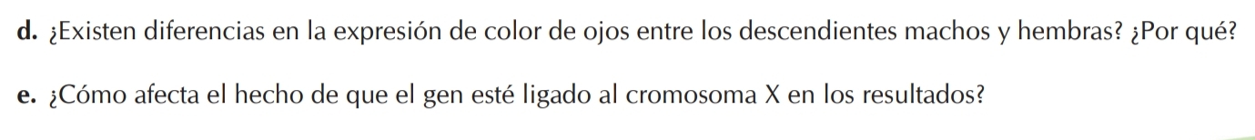 de ¿Existen diferencias en la expresión de color de ojos entre los descendientes machos y hembras? ¿Por qué? 
e. ¿Cómo afecta el hecho de que el gen esté ligado al cromosoma X en los resultados?