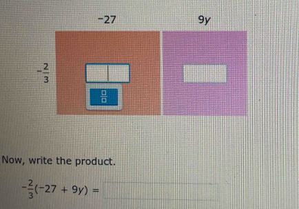 Now, write the product.
- 2/3 (-27+9y)=□