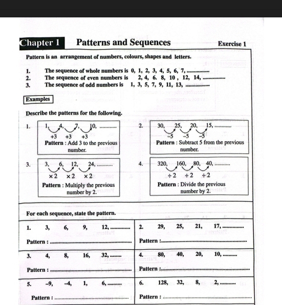 Chapter 1 Patterns and Sequences Exercise 1 
Pattern is an arrangement of numbers, colours, shapes and letters. 
1. The sequence of whole numbers is 0, 1, 2, 3, 4, 5, 6, 7,_ 
2. The sequence of even numbers is 2, 4, 6. 8, 10 , 12, 14,_ 
3. The sequence of odd numbers is 1, 3, 5, 7, 9, 11, 13,_ 
Examples 
Describe the patterns for the following. 
12. 30, 25, 20, 15,
-5 -5 -5
Pattern : Subtract 5 from the previous 
number. 
3. 3, 6, 12, 24, 4. 320, 160, 80, 40, ......
* 2 * 2 * 2 / 2 / 2/ 2
Pattern : Multiply the previous Pattern : Divide the previous 
number by 2. number by 2. 
For each sequence, state the pattern. 
1. 3, 6, 9, 12,_ 2. 29, 25, 21, 17,_ 
Pattern : _Pattern :_ 
3. 4, 8, 16, 32, _4. 80, 40, 20, 10, .......... 
Pattern : _Pattern :_ 
5. -9, -4, 1, 6,_ 6. 128, 32, 8, 2,_ 
Pattern : _Pattern :_