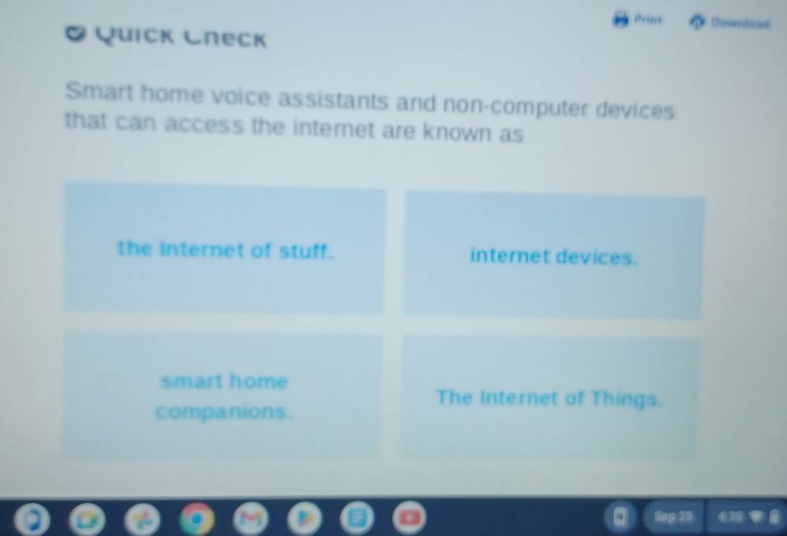 Print Dewntead 
* Quick Cneck 
Smart home voice assistants and non-computer devices 
that can access the internet are known as 
the internet of stuff. internet devices. 
smart home 
The Internet of Things. 
companions.