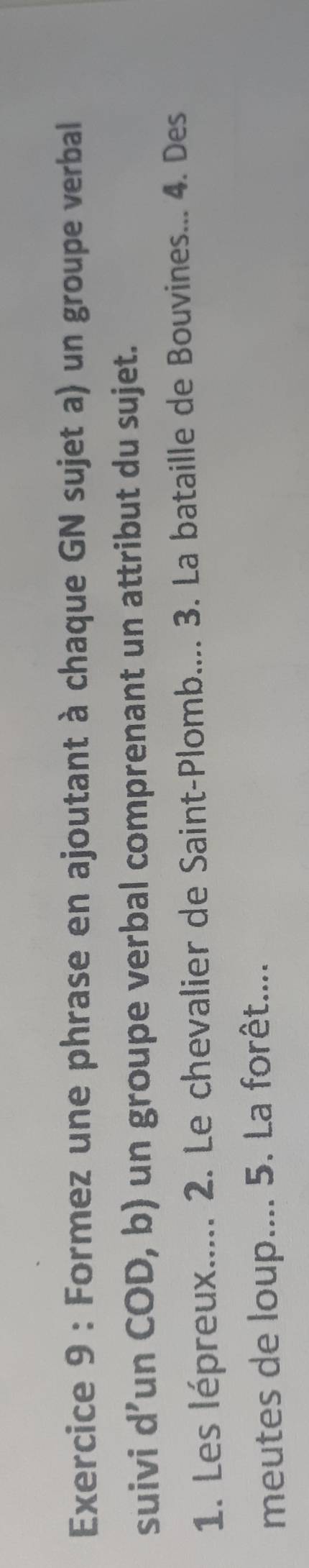 Formez une phrase en ajoutant à chaque GN sujet a) un groupe verbal 
suivi d’un COD, b) un groupe verbal comprenant un attribut du sujet. 
1. Les lépreux..... 2. Le chevalier de Saint-Plomb.... 3. La bataille de Bouvines... 4. Des 
meutes de loup.... 5. La forêt....