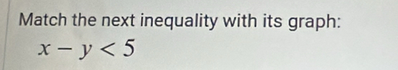 Match the next inequality with its graph:
x-y<5</tex>
