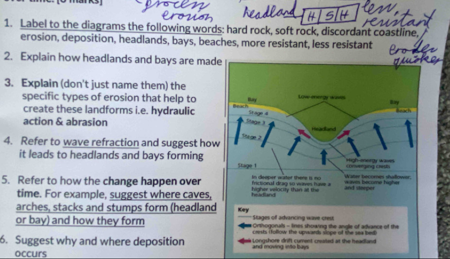 Label to the diagrams the following words: hard rock, soft rock, discordant coastline, 
erosion, deposition, headlands, bays, beaches, more resistant, less resistant 
2. Explain how headlands and bays are mad 
3. Explain (don't just name them) the 
specific types of erosion that help to 
create these landforms i.e. hydraulic 
action & abrasion 
4. Refer to wave refraction and suggest how 
it leads to headlands and bays forming 
5. Refer to how the change happen over 
time. For example, suggest where caves, 
arches, stacks and stumps form (headland 
or bay) and how they form 
6. Suggest why and where deposition 
occurs