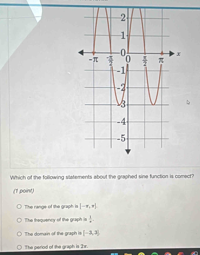 Which of the following statements about the graphed sine function is correct?
(1 point)
The range of the graph is [-π ,π ].
The frequency of the graph is  1/π  .
The domain of the graph is [-3,3].
The period of the graph is 2π.