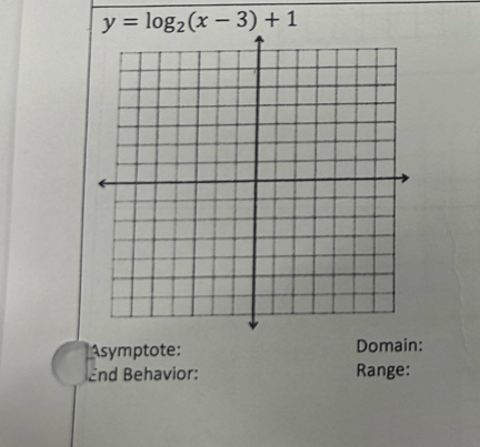 y=log _2(x-3)+1
Asymptote: Domain: 
End Behavior: Range: