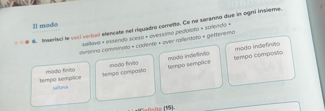 Il modo
6. Inserisci le voci verbali elencate nel riquadro corretto. Ce ne saranno due in ogni insieme.
saltava • essendo sceso * avessimo pedalato * salendo «
avranno camminato • cadente • aver rallentato • getteremo
modo indefinito
modo finito modo finito modo indefinito
tempo semplice tempo composto tempo semplice tempo composto
saltava
all'infinito (15).