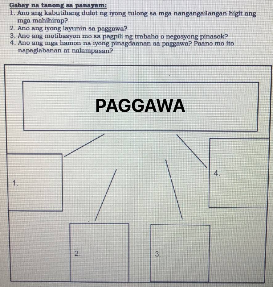 Gabay na tanong sa panayam: 
1. Ano ang kabutihang dulot ng iyong tulong sa mga nangangailangan higit ang 
mga mahihirap? 
2. Ano ang iyong layunin sa paggawa? 
3. Ano ang motibasyon mo sa pagpili ng trabaho o negosyong pinasok? 
4. Ano ang mga hamon na iyong pinagdaanan sa paggawa? Paano mo ito 
napaglabanan at nalampasan? 
PAGGAWA 
4. 
1. 
2. 
3.