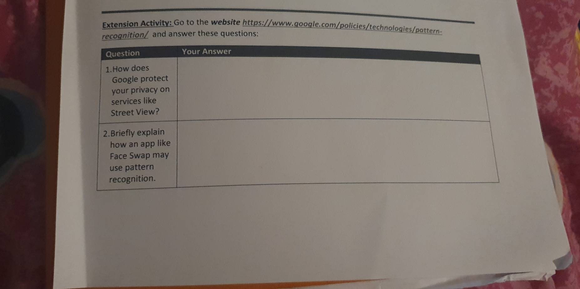 Extension Activity: Go to the website https://www.google.com/policies/technologies/pattern- 
recognition/ and answer these questions: