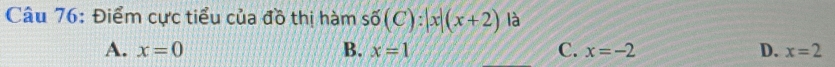 Điểm cực tiểu của đồ thị hàm soverline 0(C):|x|(x+2) là
A. x=0 B. x=1 C. x=-2 D. x=2