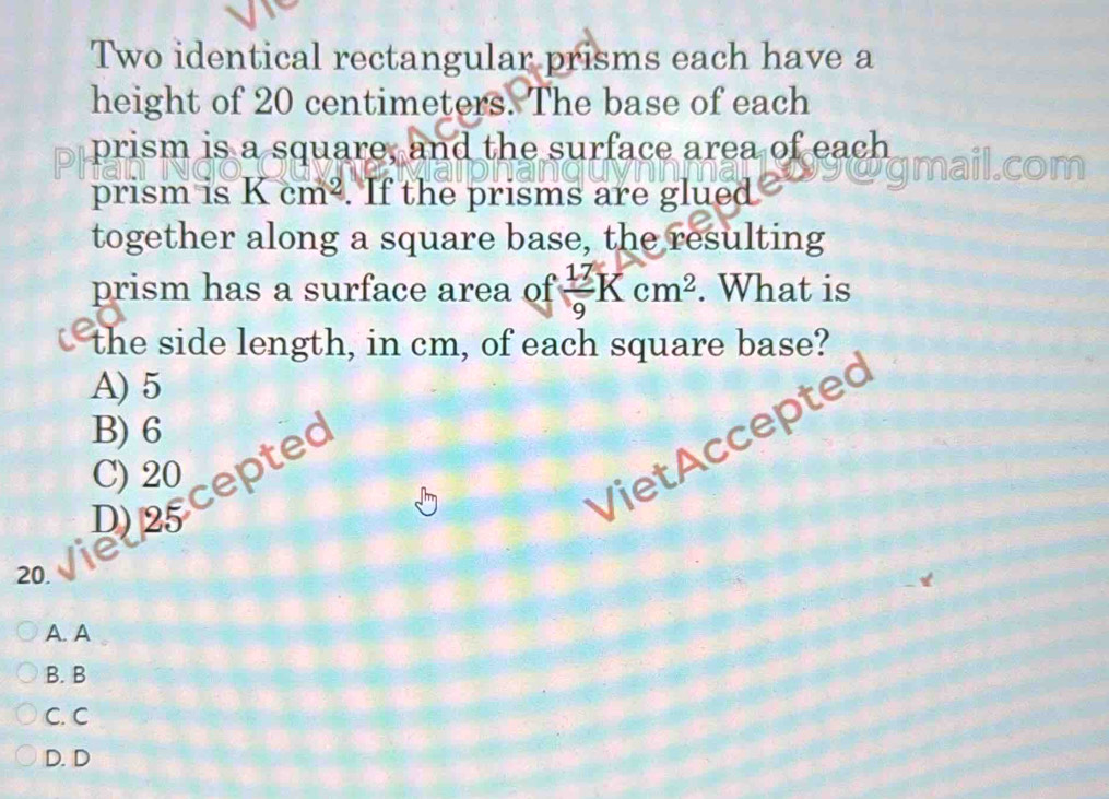 Solved: Two identical rectangular prisms each have a height of 20 ...