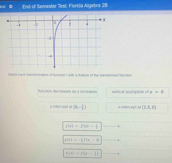 lext End of Semester Test: Florida Algebra 2B 
Match each transformation of function f with a feature of the transformed function. 
function decreases as x increases vertical asymptote of x=0
y-intercept at (0,- 1/2 ) x-intercept at (1.5,0)
j(x)=f(x)- 1/2  □  x_1+x_2= □ /□   (11111
g(x)=- 1/2 f(x-2)... □ ,frac ,frac , frac , frac , frac , frac 
h(x)=f(x- 1/2 ) || 
frac 