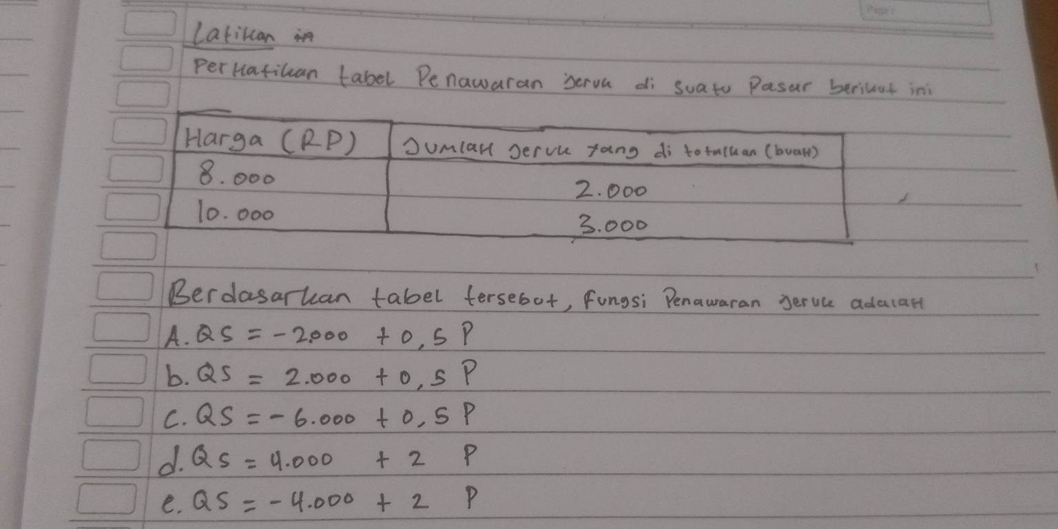 Latican
perkatiuan tabel Penawaran serva di suato Pasar beriuat ini
Harga (RP) Sumlanl Jervu yang di totaluan (buar1)
8. 000
2. 000
10. 000
3. 000
Berdasarkan tabel tersebot, Fungsi Penauaran Jerue adacar
A. QS=-2.000+0.5P
b. QS=2.000+0.5P
C. QS=-6.000+0.5P
d. Qs=4.000+2P
e. QS=-4.000+2P