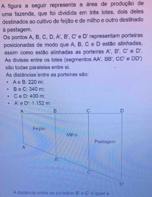 A figura a seguir representa a área de produção de
uma fazenda, que foi dividida em três lotes, dois deles
destinados ao cultivo de feijão e de milho e outro destinado
à pastagem.
Os pontos A, B, ,D,A',B',C' e D' representam porteiras
posicionadas de modo que A, B, C e D estão alinhadas,
assim como estão alinhadas as porteiras A',B',C' e D'.
As divisas entre os lotes (segmentos AA', BB',CC' e DD')
são todas paralelas entre si.
As distâncias entre as porteiras são:
A e B: 220 m;
B e C: 340 m;
Ce D: 400 m;
A'
A distância entre as porteiras B' C^x é igual a