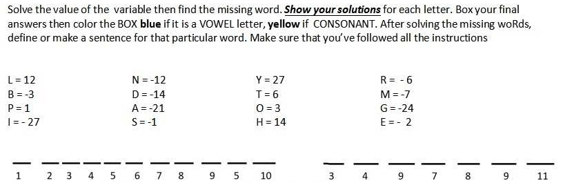 Solve the value of the variable then find the missing word. Show your solutions for each letter. Box your final 
answers then color the BOX blue if it is a VOWEL letter, yellow if CONSONANT. After solving the missing woRds, 
define or make a sentence for that particular word. Make sure that you’ve followed all the instructions
L=12
N=-12
Y=27
R=-6
B=-3
D=-14
T=6
M=-7
P=1
A=-21
O=3
G=-24
I=-27
S=-1
H=14
E=-2
__ 
__ 
__ 
__ 
__ 
_ 
__ 
__ 
__
1 2 3 4 5 6 7 8 9 5 10 3 4 9 7 8 9 11