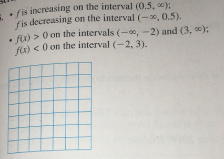 • f is increasing on the interval (0.5,∈fty )
f is decreasing on the interval (-∈fty ,0.5). 
on the intervals (-∈fty ,-2) and (3,∈fty )
f(x)>0 on the interval (-2,3).
f(x)<0</tex>