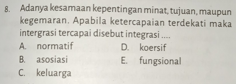 Adanya kesamaan kepentingan minat, tujuan, maupun
kegemaran. Apabila ketercapaian terdekati maka
intergrasi tercapai disebut integrasi ....
A. normatif D. koersif
B. asosiasi E. fungsional
C. keluarga