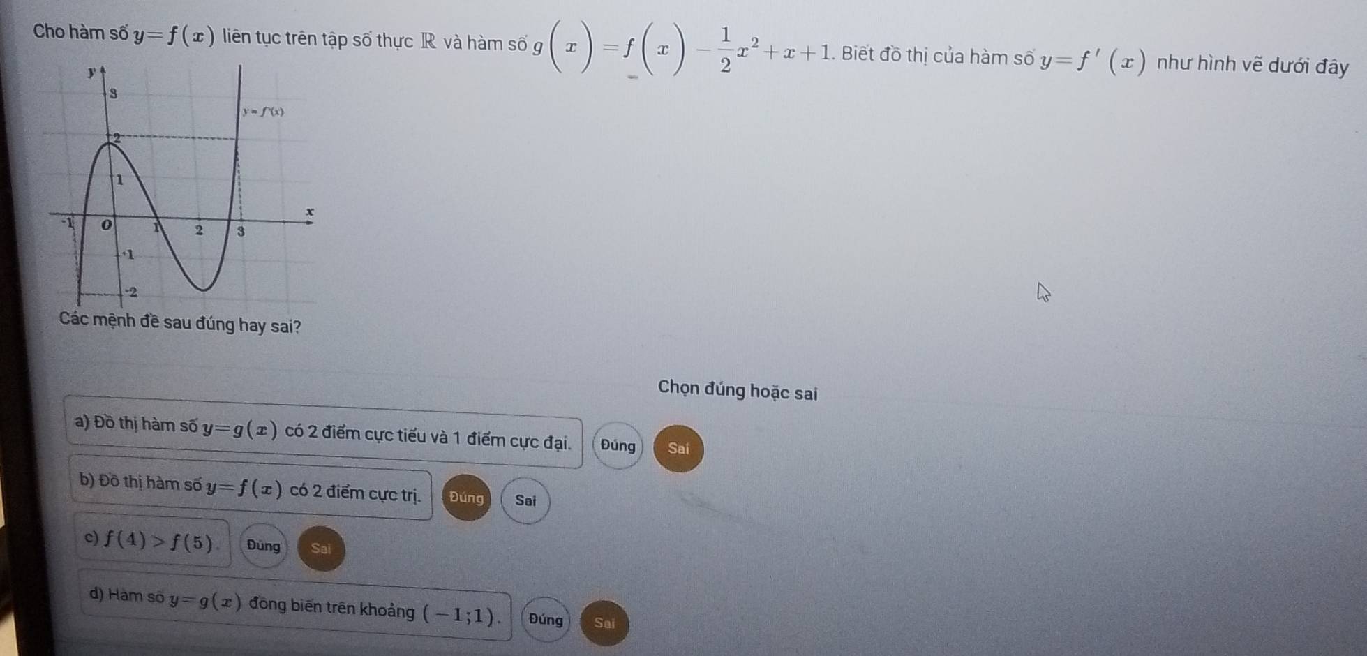 Cho hàm số y=f(x) liên tục trên tập số thực R và hàm số g (x)=f(x)- 1/2 x^2+x+1. Biết đồ thị của hàm số y=f'(x) như hình vẽ dưới đây
Các mệnh đề sau đúng hay sai?
Chọn đúng hoặc sai
a) Đồ thị hàm số y=g(x) có 2 điểm cực tiểu và 1 điểm cực đại. Đúng Saí
b) Đồ thị hàm số y=f(x) có 2 điểm cực trị. Đúng Sai
c) f(4)>f(5) Đüng
d) Hàm số y=g(x) đōng biến trên khoảng (-1;1). Đúng Sai