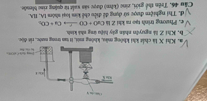 a. Khí X là chất khí không màu, không mùi, ít tan trong nước, rất độc.
b. Khí Z là nguyên nhân gây hiệu ứng nhà kính.
c. Phương trình tạo ra khí Z là CuO+COxrightarrow I^(·)Cu+CO_2.
d. Thí nghiệm được sử dụng để điều chế kim loại nhóm IA, IIA.
Câu 46. Trên thế giới, zinc (kẽm) được sản xuất từ quặng zinc blende.